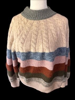 Madewell Colorblock Cable Knit Sweater Mock Neck Merino Wool Blend Cozy Fall